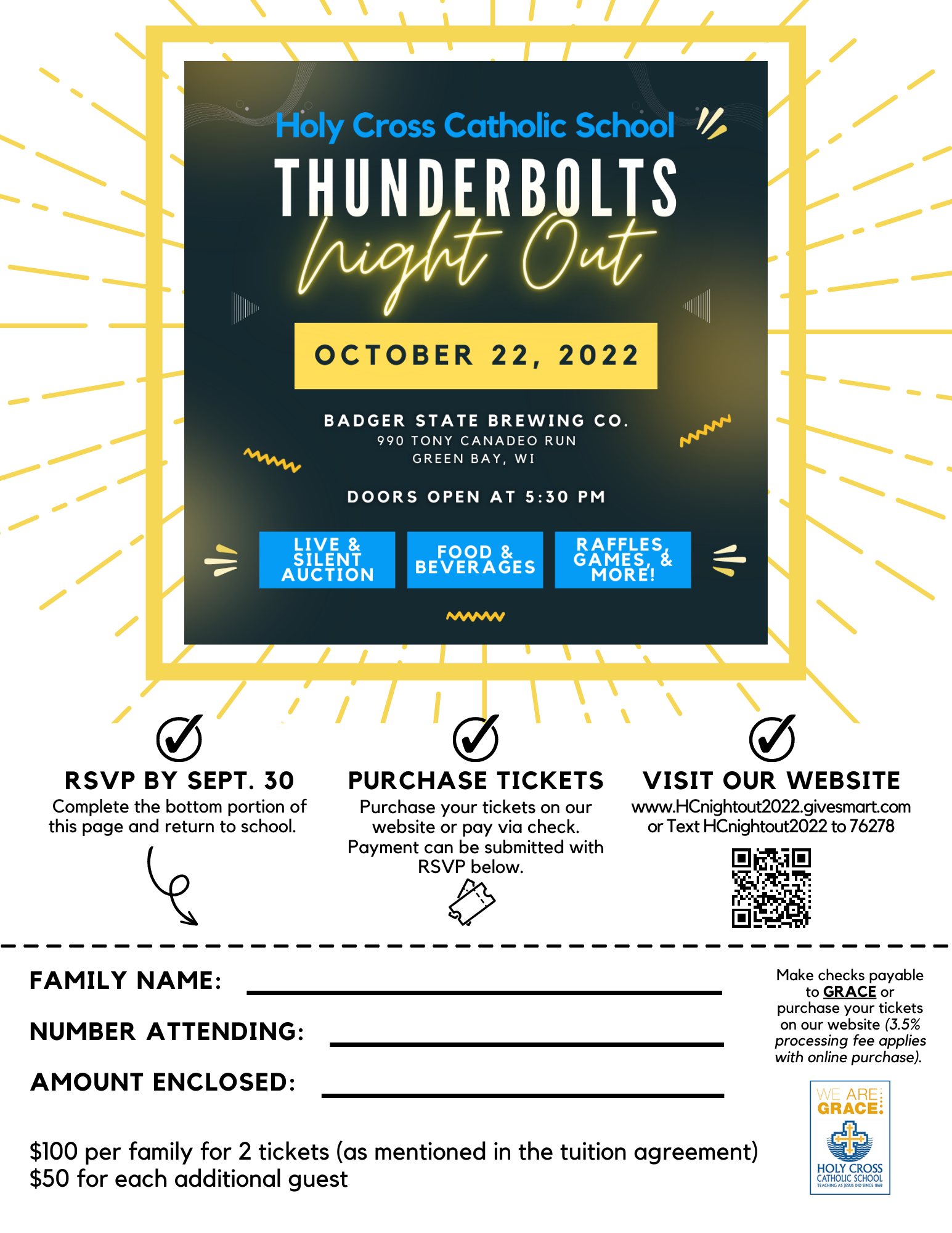 Graphic for Thunderbolts Night Out at Holy Cross School which is located near Wequiock Falls.
