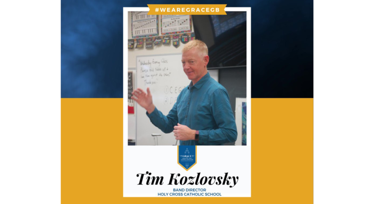 Band Director Tim Kozlovsky at Holy Cross School which is located near Wequiock Falls spotlight graphic.